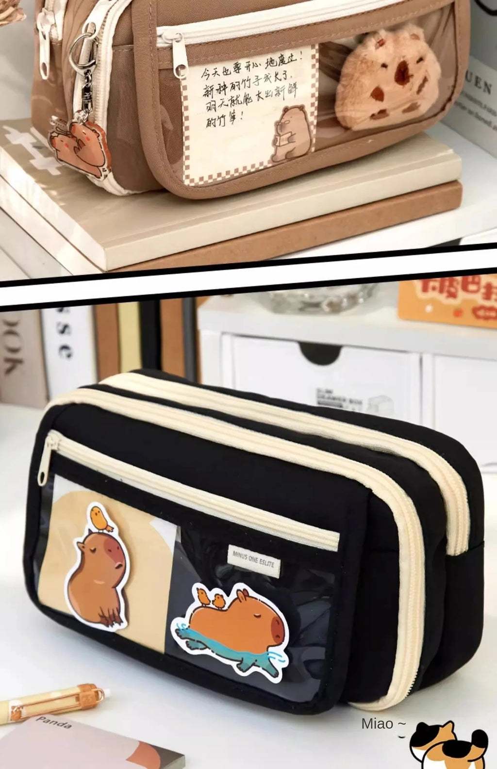 Large Capacity Pencil Bag Capybara Cartoon Canvas Stationery Holder Bag With Brooches stickers clips keychains Children Pen Case