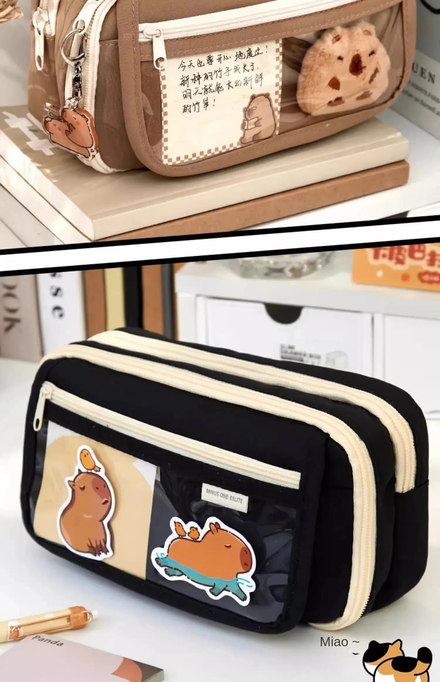 Large Capacity Pencil Bag Capybara Cartoon Canvas Stationery Holder Bag With Brooches stickers clips keychains Children Pen Case