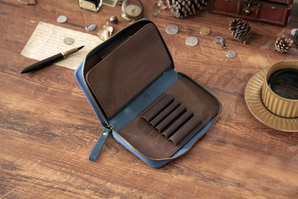 Genuine Leather Fountain Pen Holder Case with Divider, Large Capacity Pencil Pouch Pen Bag for 10 Pens, for Students Stationery