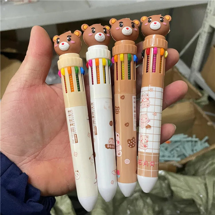 Creative Cartoon Cute Bear Pressing Pen 10 Color Ballpoint Pen Student Stationery Color Press Ten Color Ballpoint Pen office