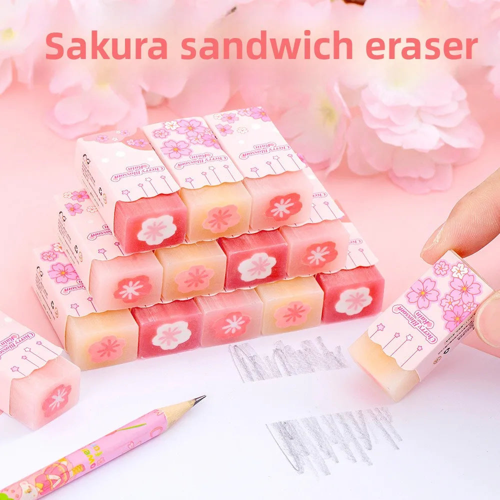 Lot Kawaii Cherry Blossom Sandwich Pencil Eraser Children Cute Less Debris Rubber Sakura Slice Erasers School Stationery