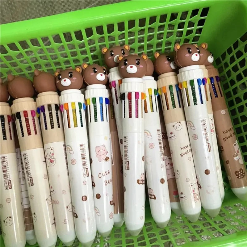 Creative Cartoon Cute Bear Pressing Pen 10 Color Ballpoint Pen Student Stationery Color Press Ten Color Ballpoint Pen office