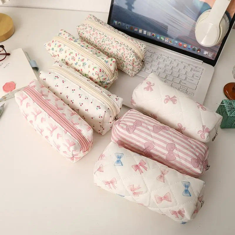 Cute Bow Floral Pen Bag Cherry Pencil Case Portable Large Capacity Student Stationery Storage Bag Girly Cosmetic Bag Gifts