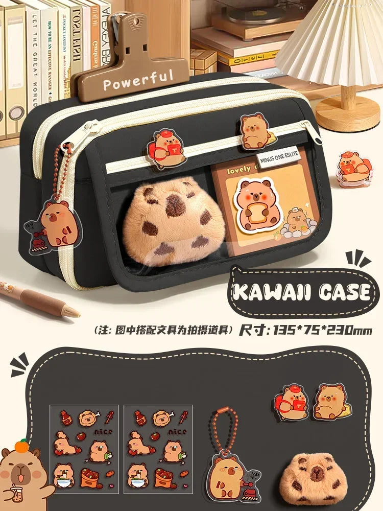 Large Capacity Pencil Bag Capybara Cartoon Canvas Stationery Holder Bag With Brooches stickers clips keychains Children Pen Case