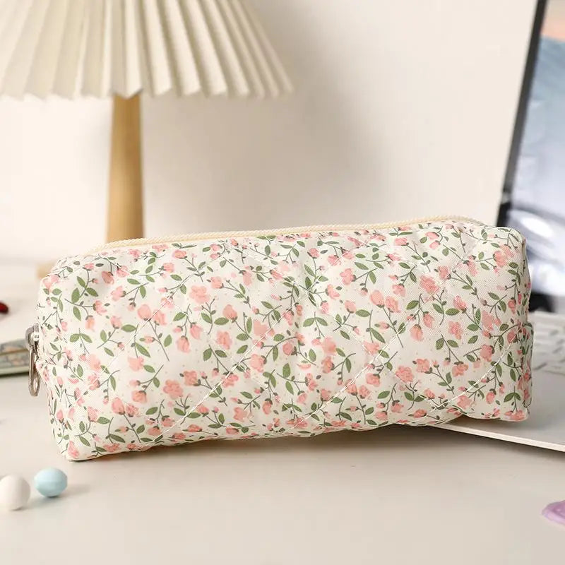 Cute Bow Floral Pen Bag Cherry Pencil Case Portable Large Capacity Student Stationery Storage Bag Girly Cosmetic Bag Gifts