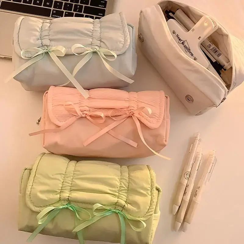 1pcs Creative Korea Style Bow Pencil Case Large Capacity Multi-layer Storage Drawstring Pencil Bags Office Supplies Storage Bag