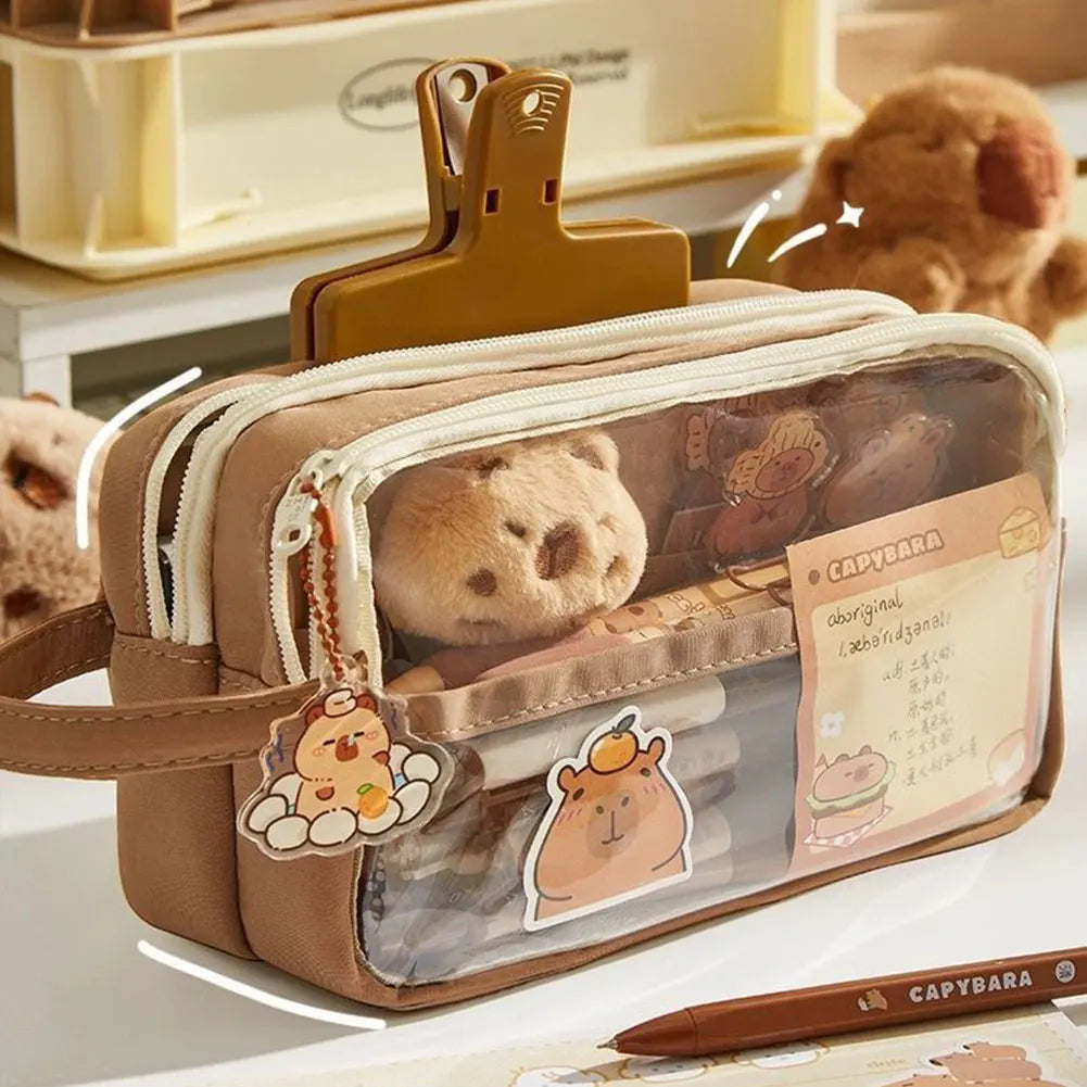 Capybara Kawaii Pencil Case with Compartments Pencil Pouch with Sticker Pendant Stationary Bag for Office School