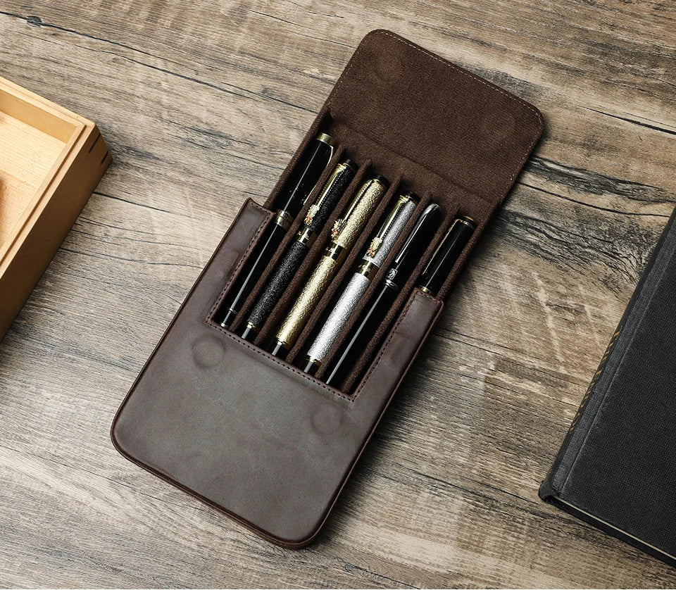 CONTACT'S FAMILY Handmade Fountain Pen Case Genuine Leather Holder Pencil Pouch Retro Pen Box Organizer School Office Men Women