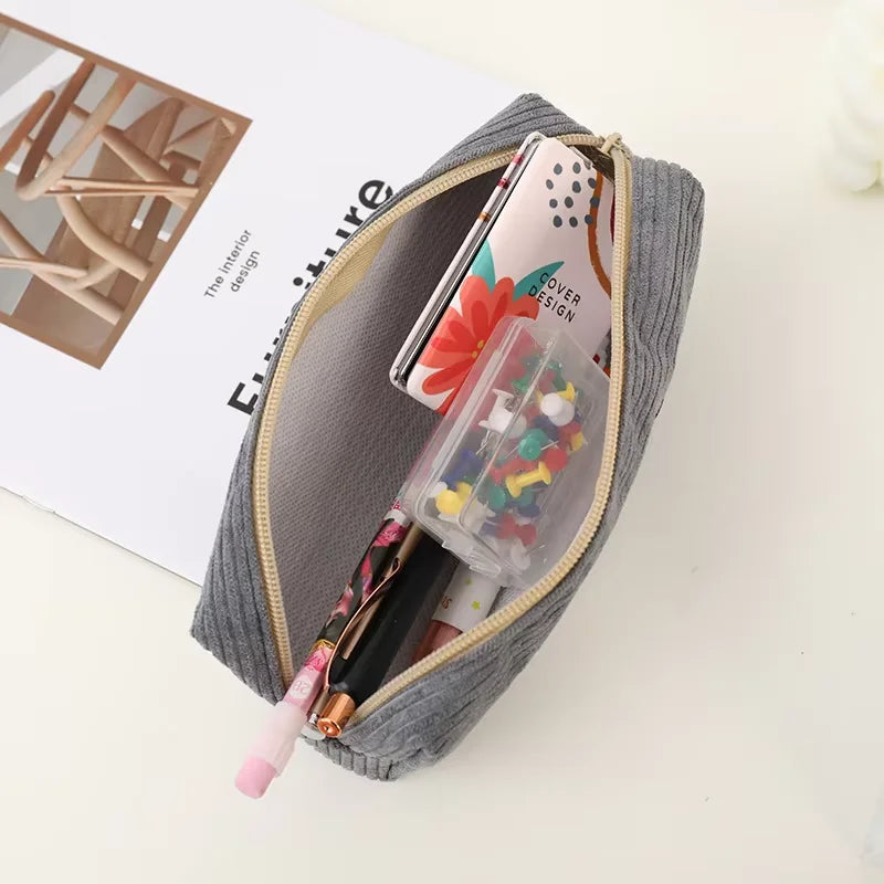 LUSQI Creative Cartoon Shark Corduroy Pencil Case Stain-Resistant Student Pencil Case Unisex Large Capacity Stationery Case