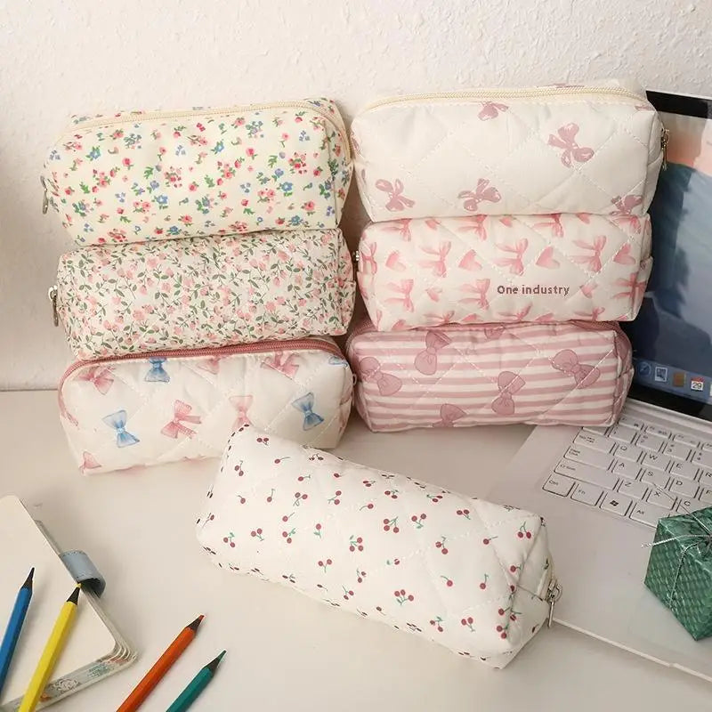 Cute Bow Floral Pen Bag Cherry Pencil Case Portable Large Capacity Student Stationery Storage Bag Girly Cosmetic Bag Gifts