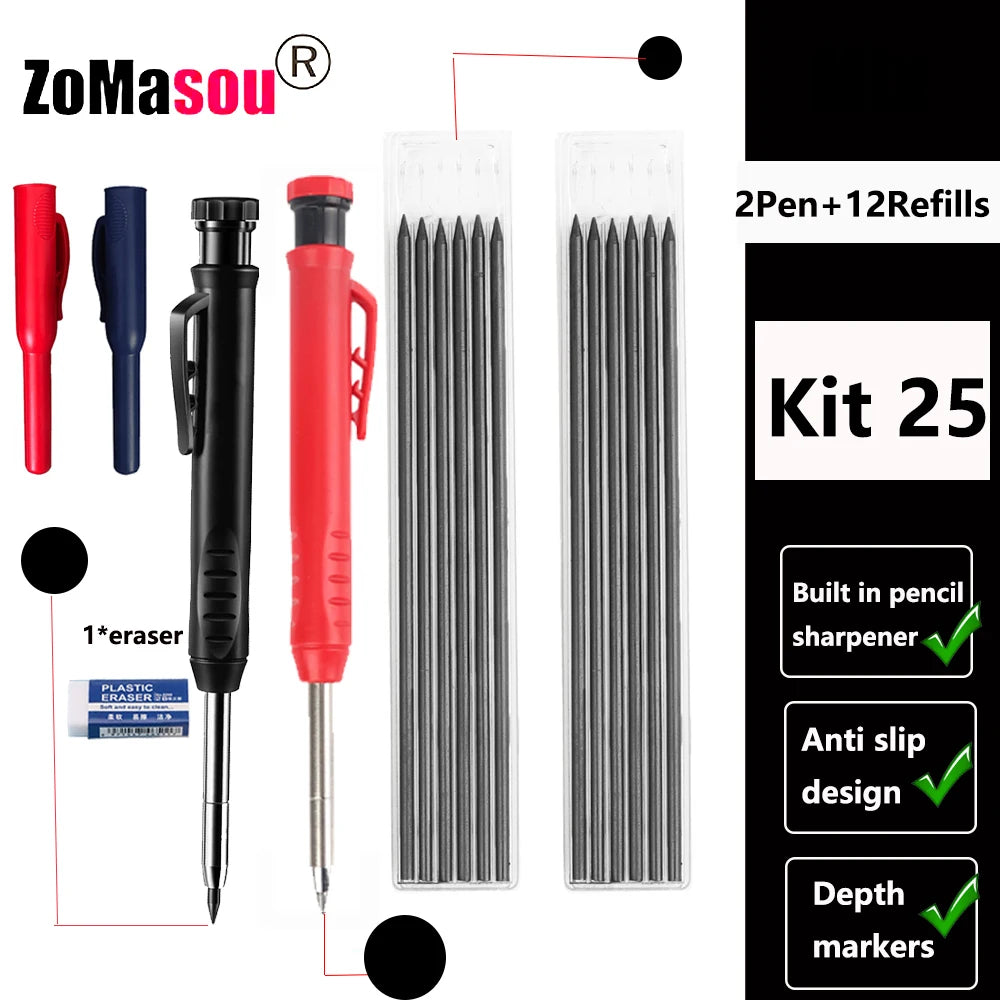 Top Solid Carpenter Mechanical Pencil Woodworking Long Head Deep Hole Markers Pen Pencils Refill Leads Sharpener Stationery