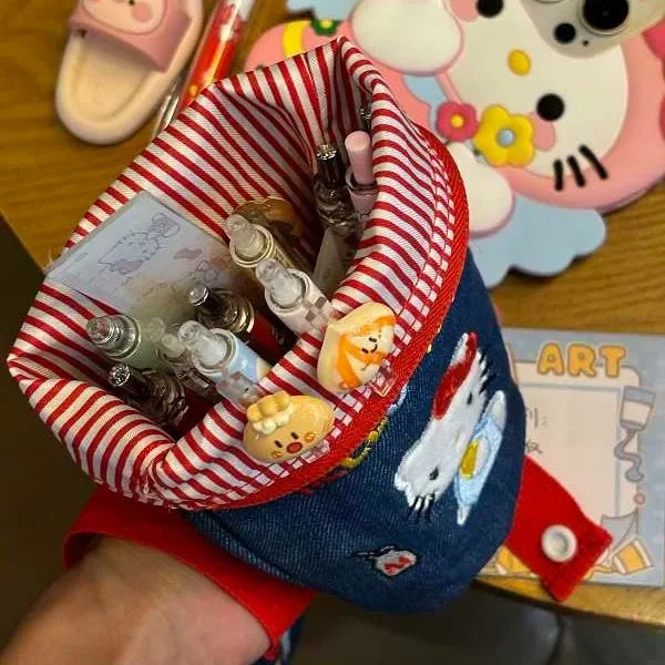 Hello Kitty Embroidery Pen Case Large Capacity Water Bucket Design Foldable Portable Pencil Bag For School College Students