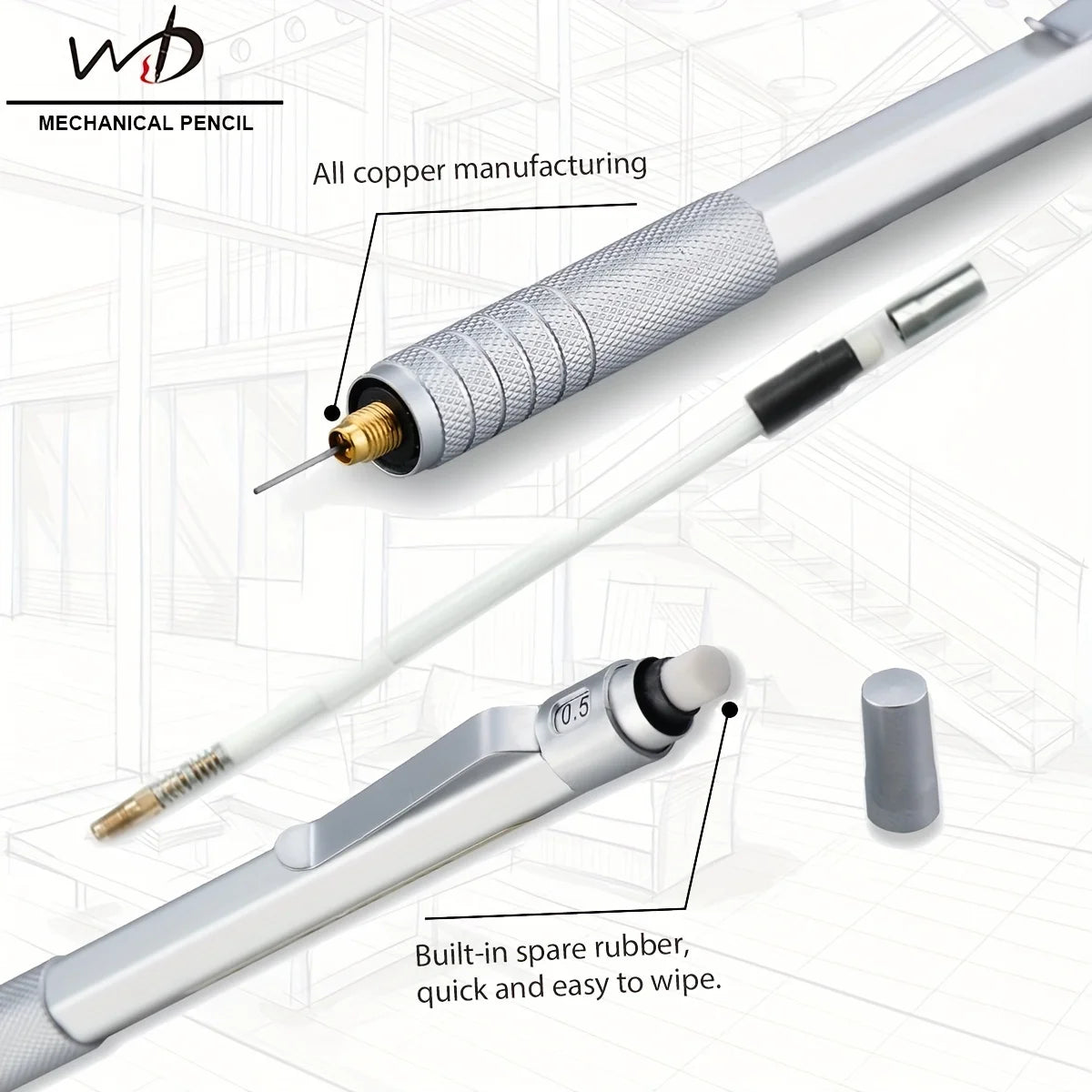 The same style as the architectural designer!Low center of gravity metal mechanical pencil 0.5-2.0mm full specification 2B/HB do