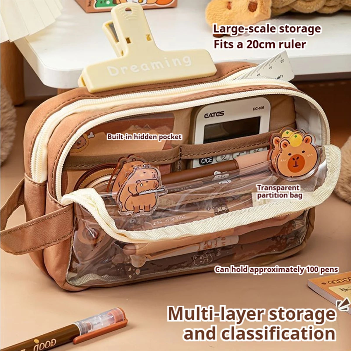 Kawaii Large Capacity Transparent Pencil Pouch with Handle Capybara Portable School Stationery Bag Set for Kids Back to School