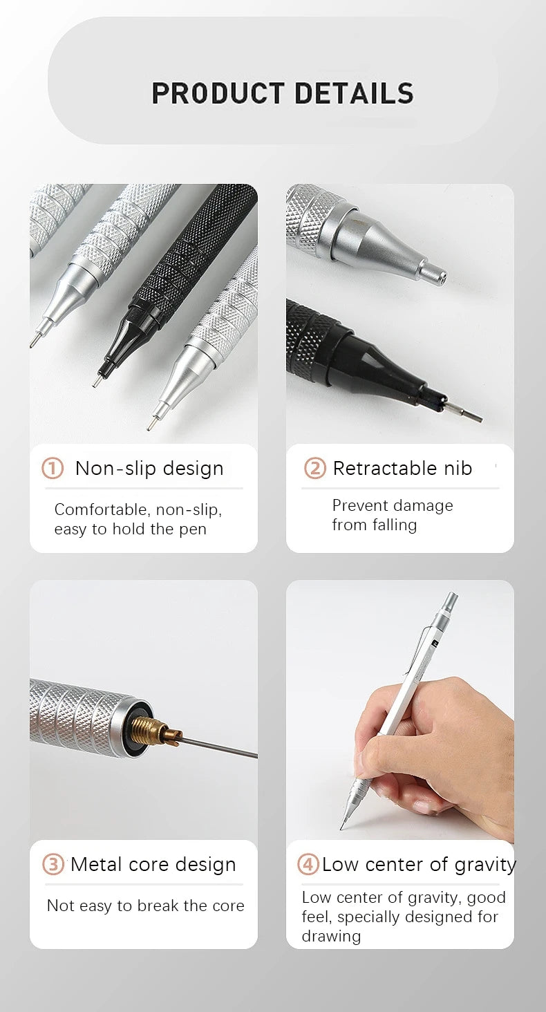 0.3/0.5/0.7/2.0mm Mechanical Pencil Low Center of Gravity Metal Drawing Special Pencil Office School Writing Art Supplies