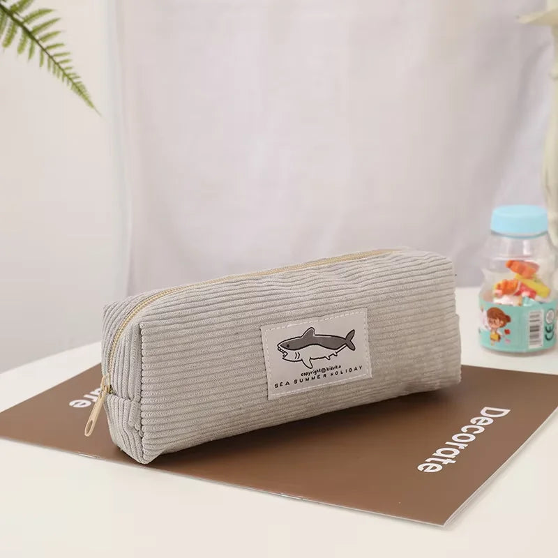 LUSQI Creative Cartoon Shark Corduroy Pencil Case Stain-Resistant Student Pencil Case Unisex Large Capacity Stationery Case