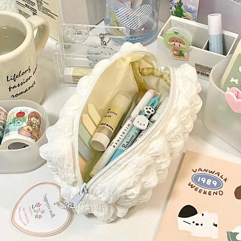 1pcs Creative Cream Puff Pencil Bags Student Large Capacity Solid Color Pencil Case Multi-functional Storage Bag Stationery Box