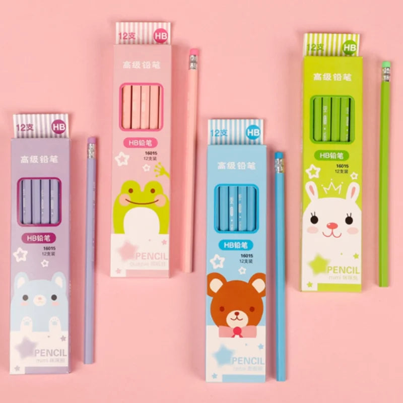 12 HB Cartoon Non-toxic Pencils with Erasers At The End for Children, Multi-color Learning Supplies for Writing and Drawing