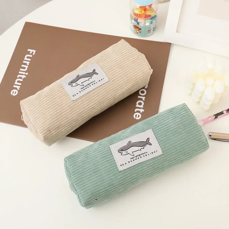 LUSQI Creative Cartoon Shark Corduroy Pencil Case Stain-Resistant Student Pencil Case Unisex Large Capacity Stationery Case