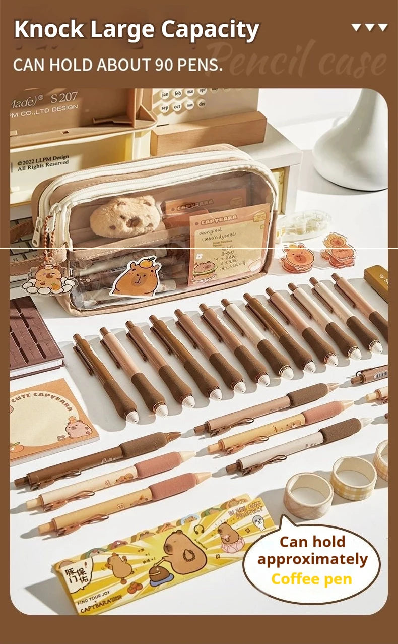Kawaii Large Capacity Transparent Pencil Pouch with Handle Capybara Portable School Stationery Bag Set for Kids Back to School