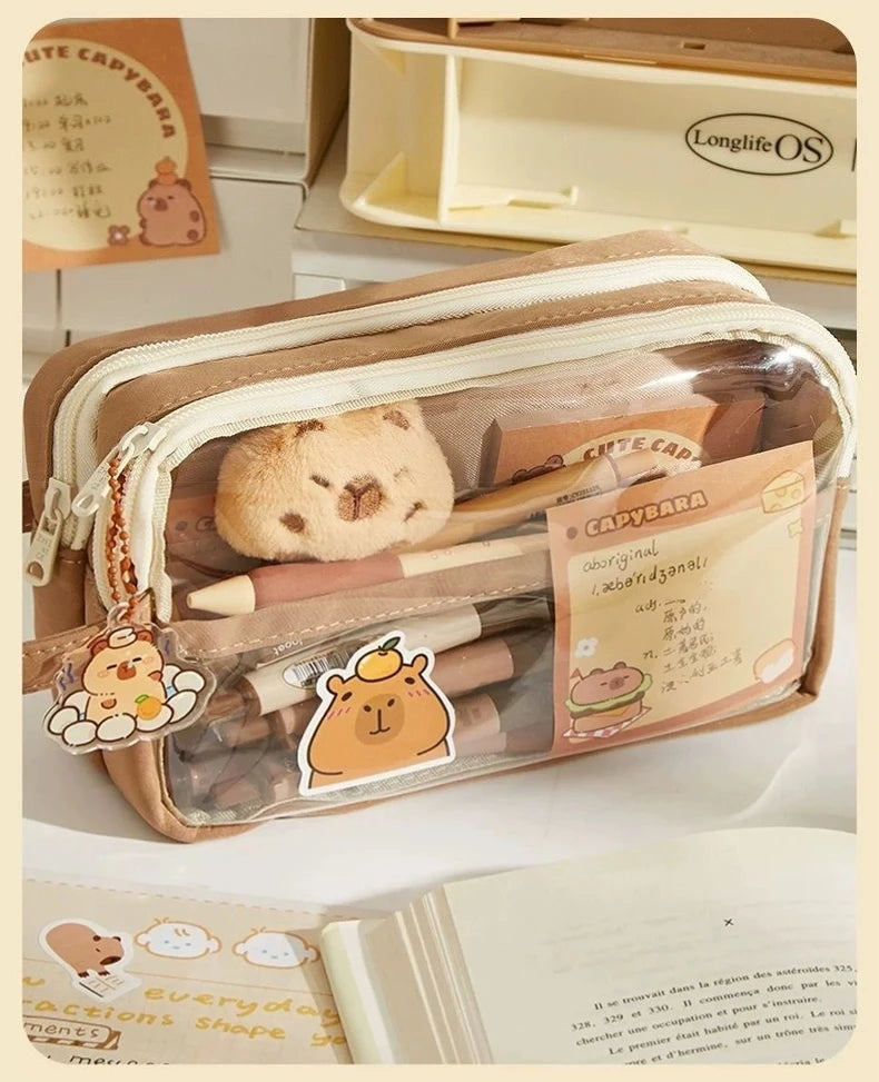 Kawaii Large Capacity Transparent Pencil Pouch with Handle Capybara Portable School Stationery Bag Set for Kids Back to School