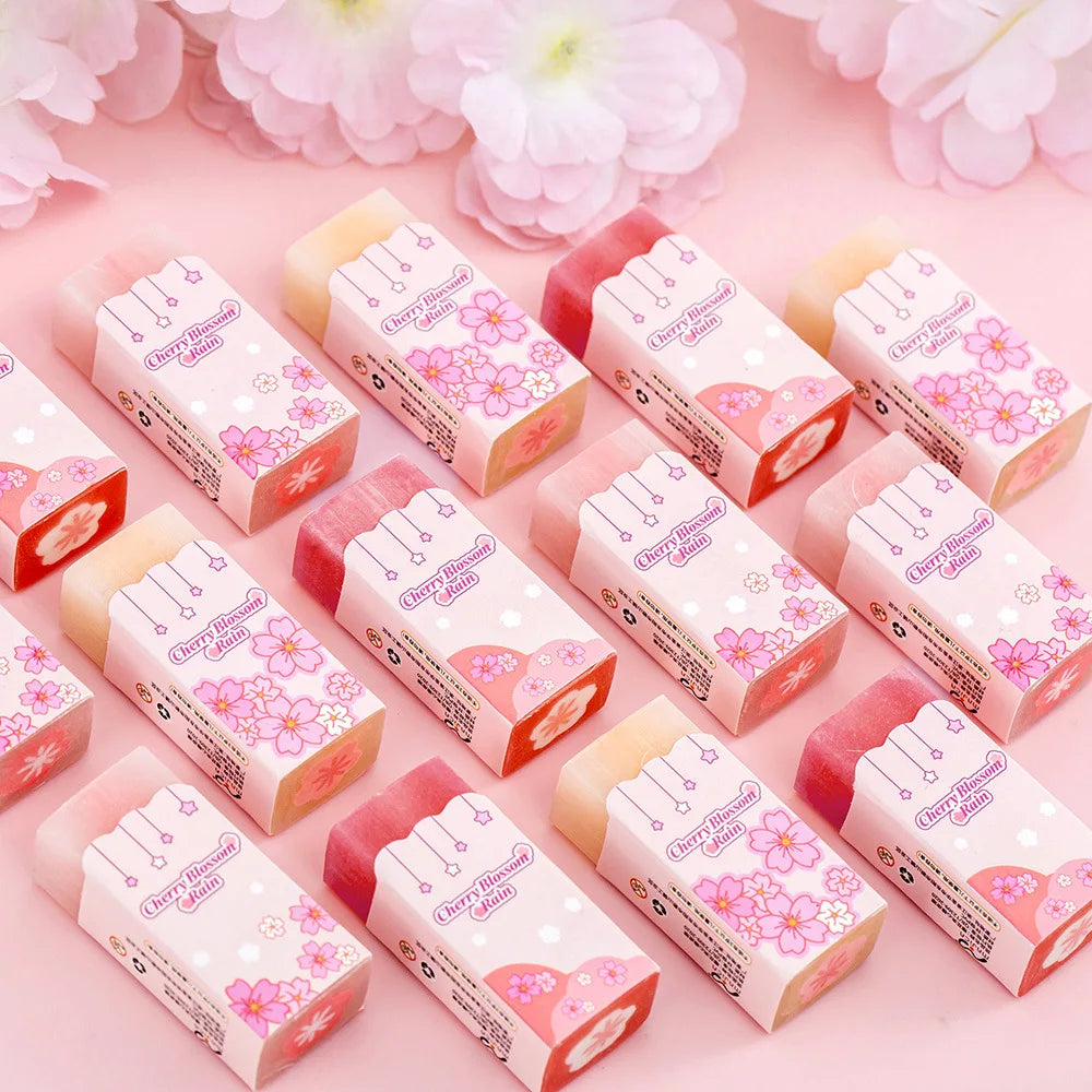 Lot Kawaii Cherry Blossom Sandwich Pencil Eraser Children Cute Less Debris Rubber Sakura Slice Erasers School Stationery