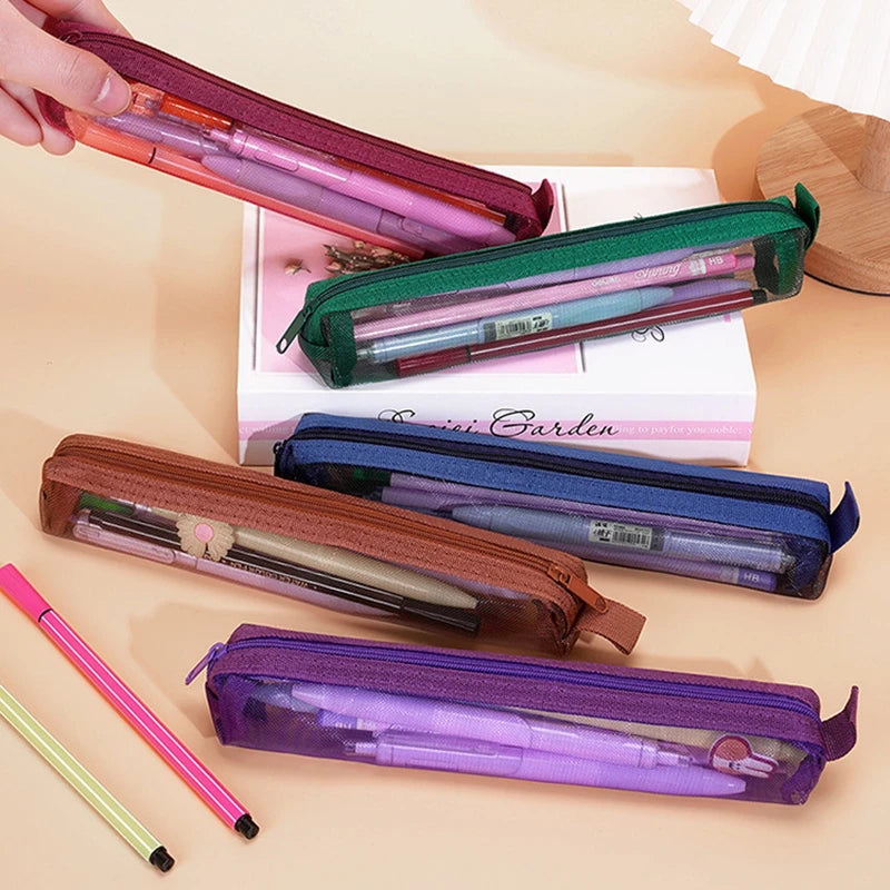 Mesh Pencil Case Portable Zipper Pouch Stationery Organizer Students Exams Pencil Case School Stationery Supplies