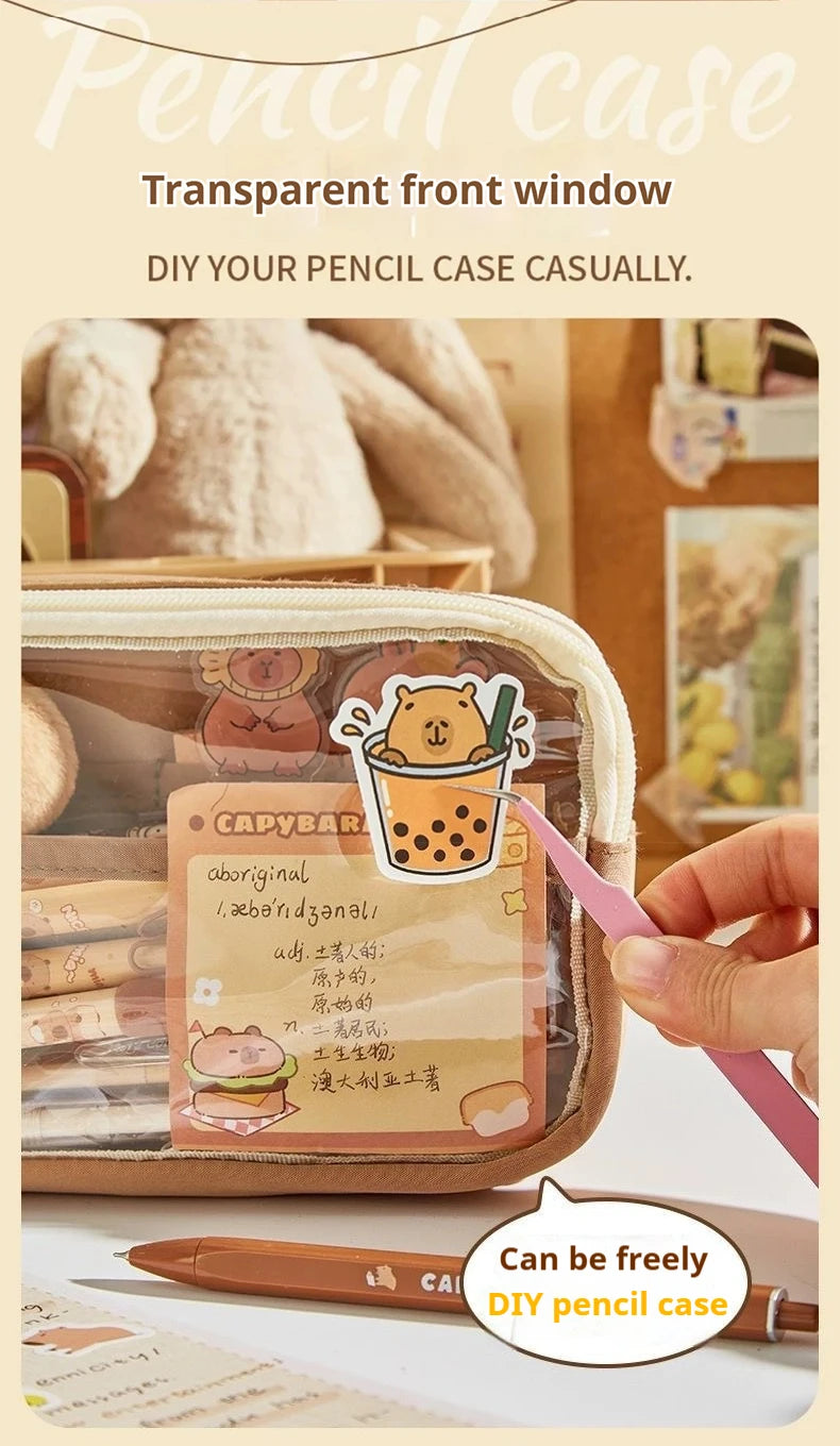 Kawaii Large Capacity Transparent Pencil Pouch with Handle Capybara Portable School Stationery Bag Set for Kids Back to School