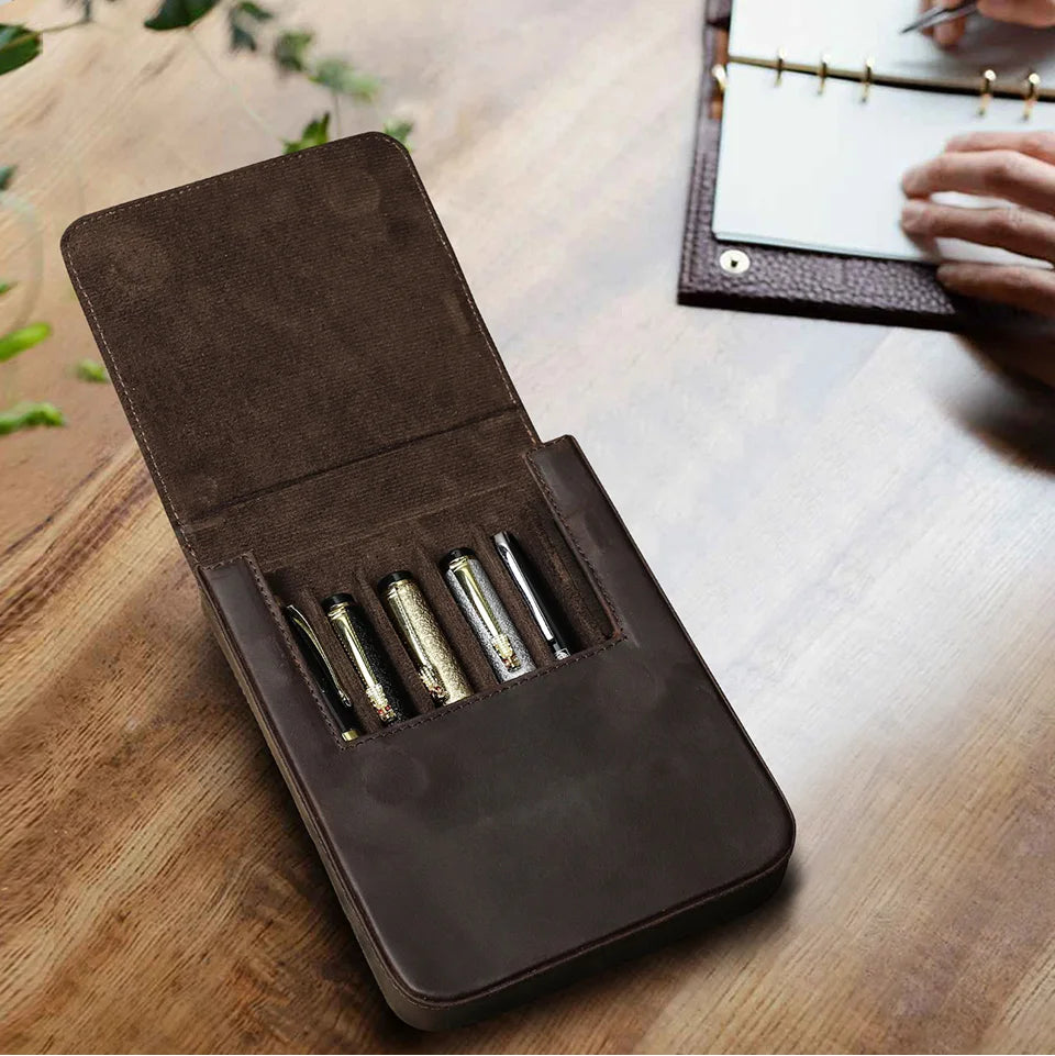 CONTACT'S FAMILY Handmade Fountain Pen Case Genuine Leather Holder Pencil Pouch Retro Pen Box Organizer School Office Men Women