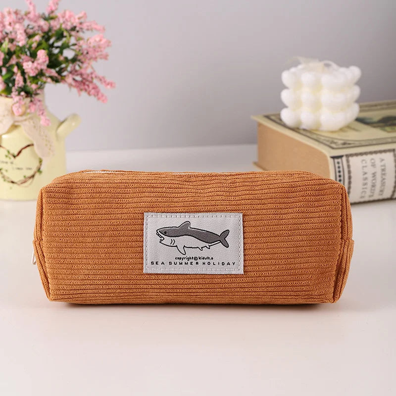 LUSQI Creative Cartoon Shark Corduroy Pencil Case Stain-Resistant Student Pencil Case Unisex Large Capacity Stationery Case