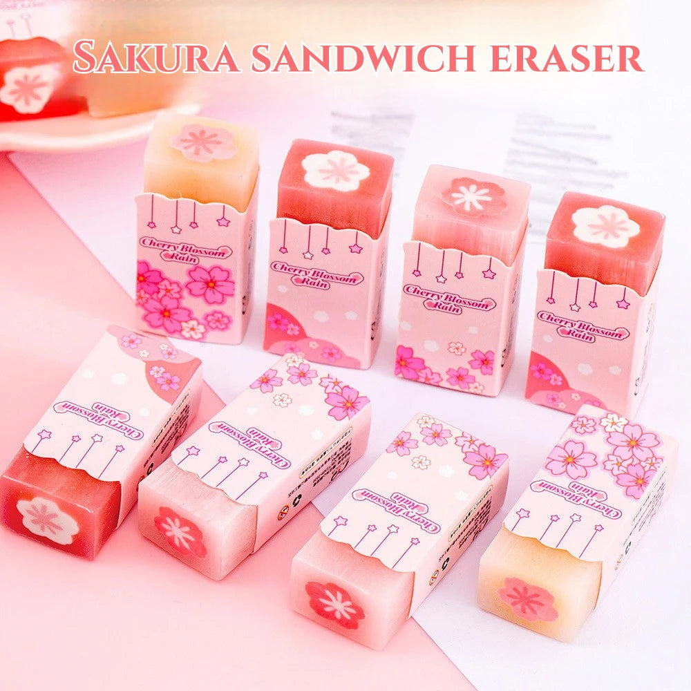 Lot Kawaii Cherry Blossom Sandwich Pencil Eraser Children Cute Less Debris Rubber Sakura Slice Erasers School Stationery