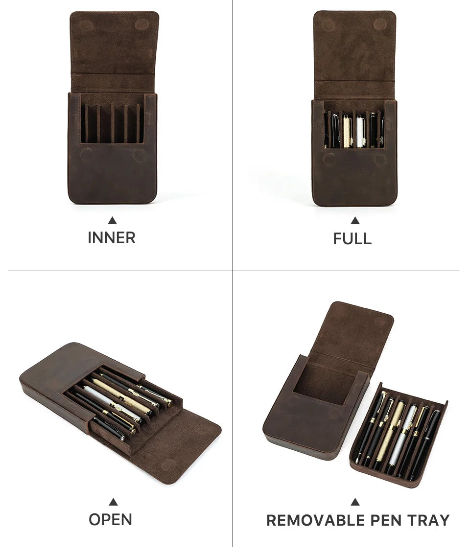 CONTACT'S FAMILY Handmade Fountain Pen Case Genuine Leather Holder Pencil Pouch Retro Pen Box Organizer School Office Men Women
