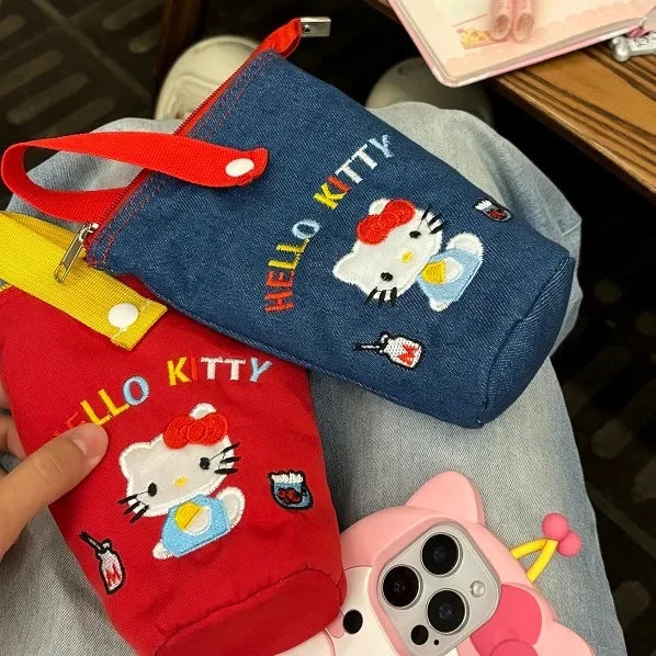 Hello Kitty Embroidery Pen Case Large Capacity Water Bucket Design Foldable Portable Pencil Bag For School College Students