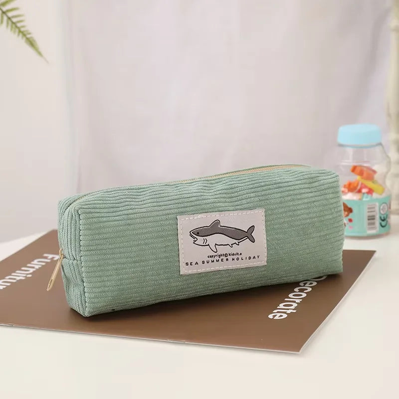 LUSQI Creative Cartoon Shark Corduroy Pencil Case Stain-Resistant Student Pencil Case Unisex Large Capacity Stationery Case