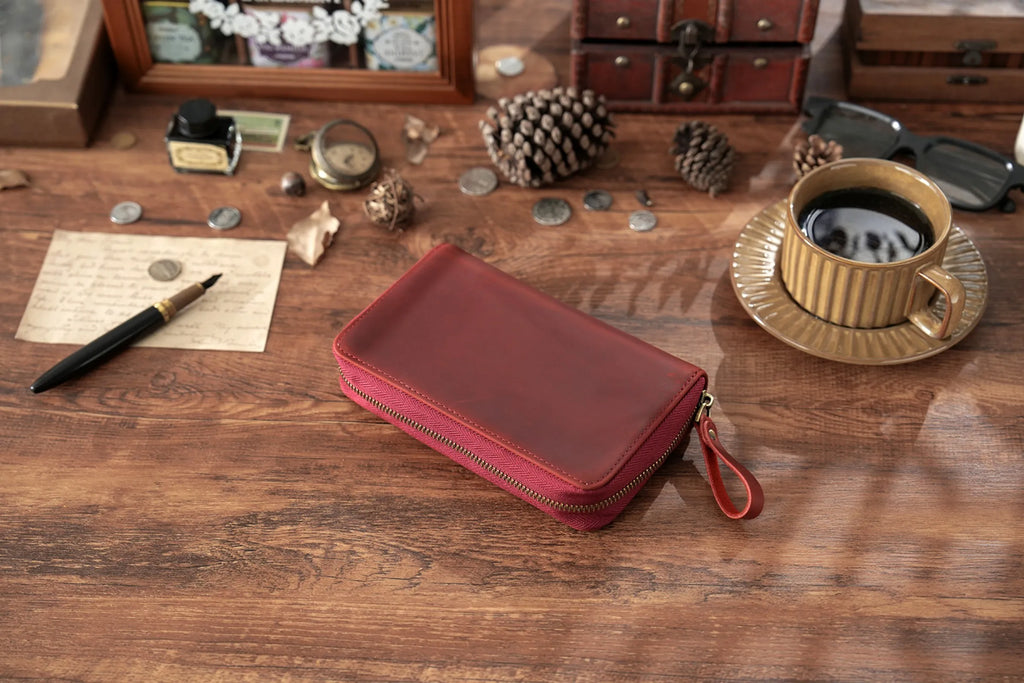 Genuine Leather Fountain Pen Holder Case with Divider, Large Capacity Pencil Pouch Pen Bag for 10 Pens, for Students Stationery