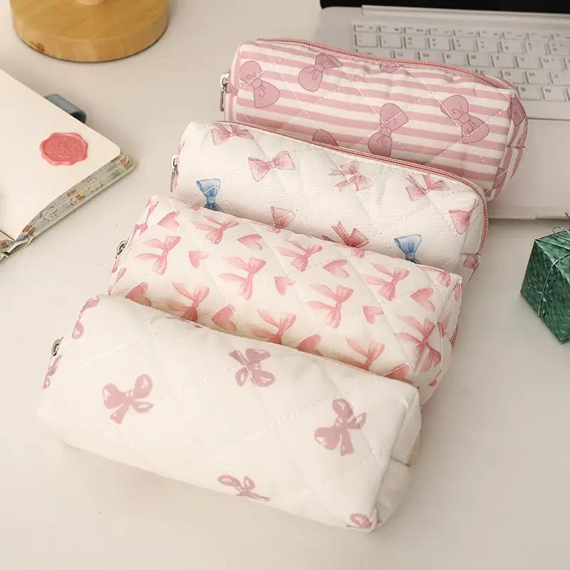 Cute Bow Floral Pen Bag Cherry Pencil Case Portable Large Capacity Student Stationery Storage Bag Girly Cosmetic Bag Gifts
