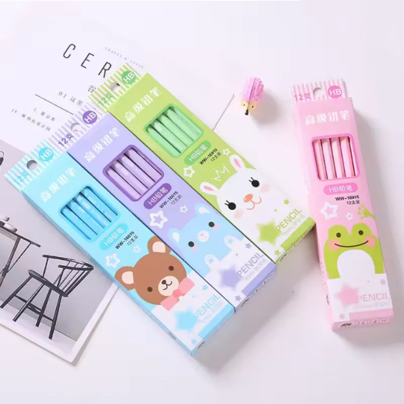 12 HB Cartoon Non-toxic Pencils with Erasers At The End for Children, Multi-color Learning Supplies for Writing and Drawing