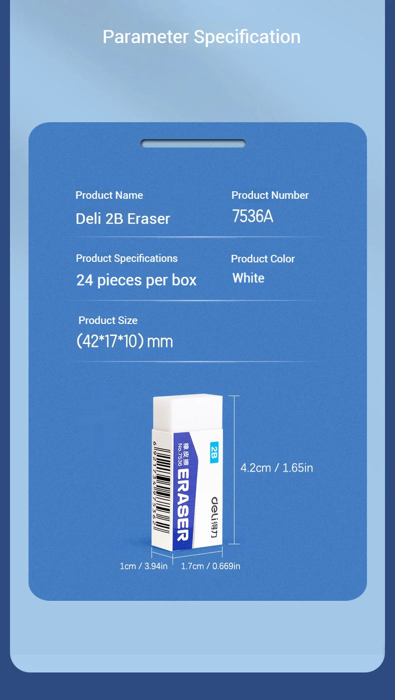 Deli 2B White Erasers Soft PVC Mess-Free Clean Rubber for Pencils Exam Office School Sketching Art Supplies
