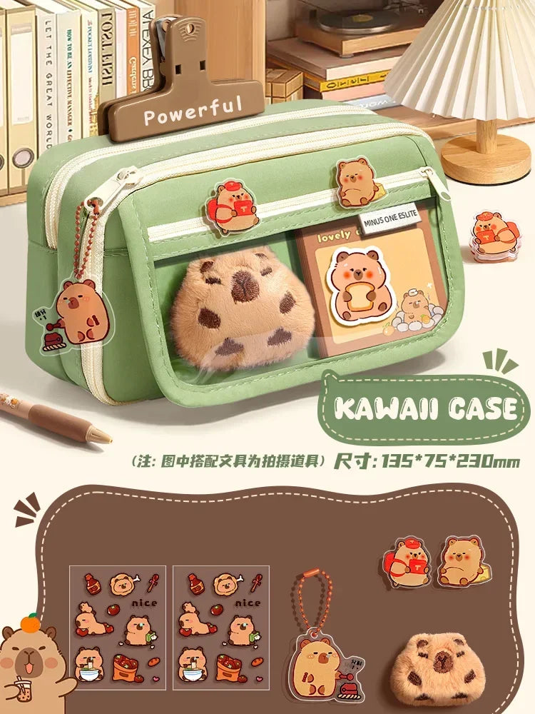 Large Capacity Pencil Bag Capybara Cartoon Canvas Stationery Holder Bag With Brooches stickers clips keychains Children Pen Case