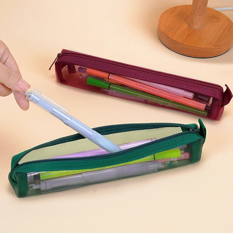 Mesh Pencil Case Portable Zipper Pouch Stationery Organizer Students Exams Pencil Case School Stationery Supplies