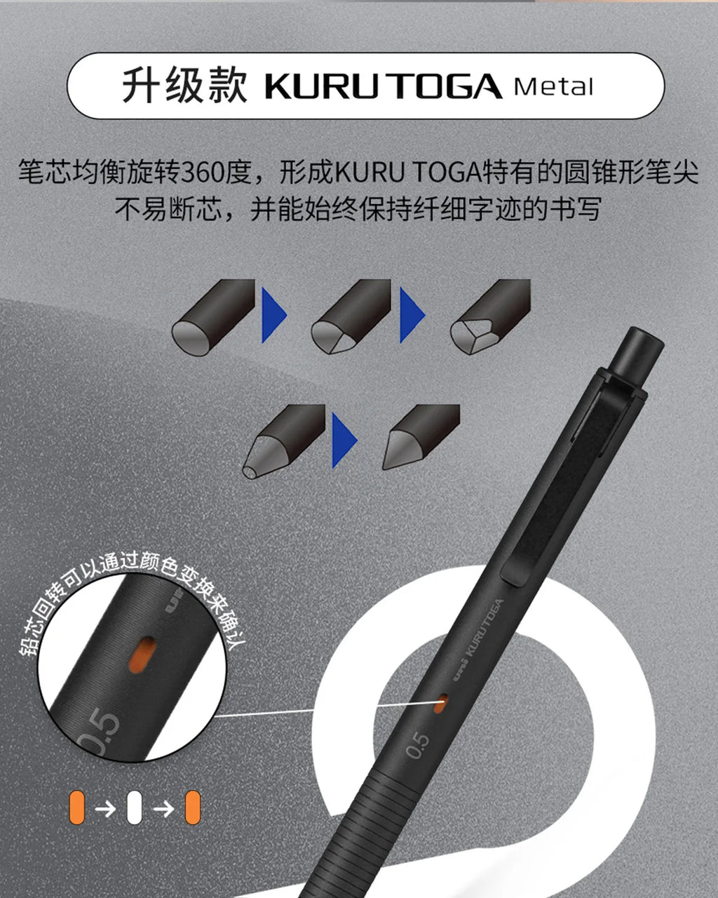 Uni Kuru Toga Metal Mechanical Pencil,M5-KW/KH Metal&Wood Barrel Premium 0.5mm Automatic Rotation Engine For Writing,DraftingPen