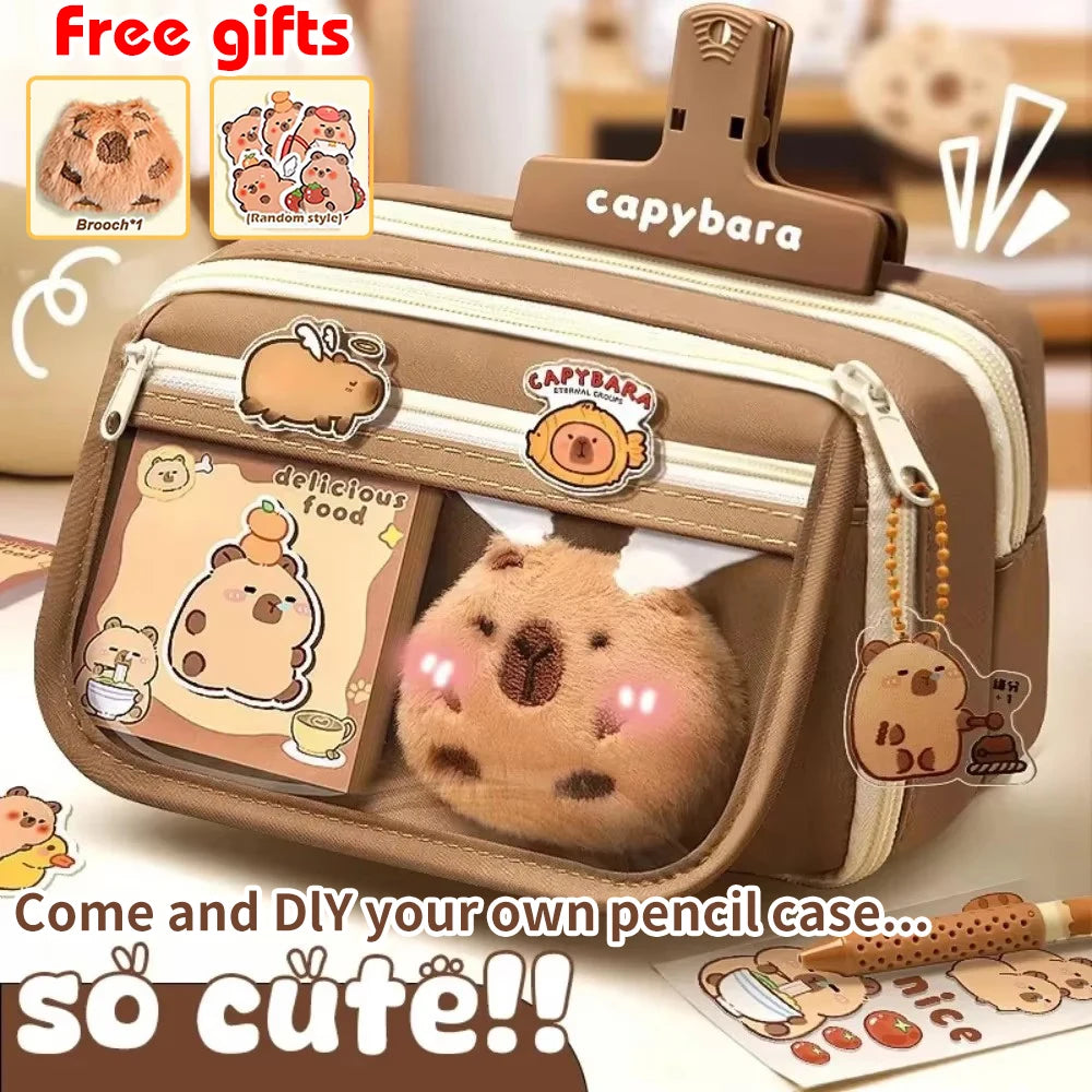 Large Capacity Pencil Bag Capybara Cartoon Canvas Stationery Holder Bag With Brooches stickers clips keychains Children Pen Case