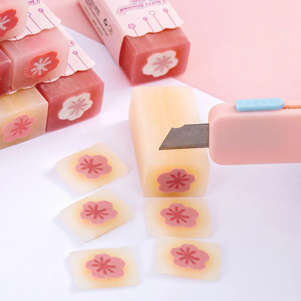 Lot Kawaii Cherry Blossom Sandwich Pencil Eraser Children Cute Less Debris Rubber Sakura Slice Erasers School Stationery