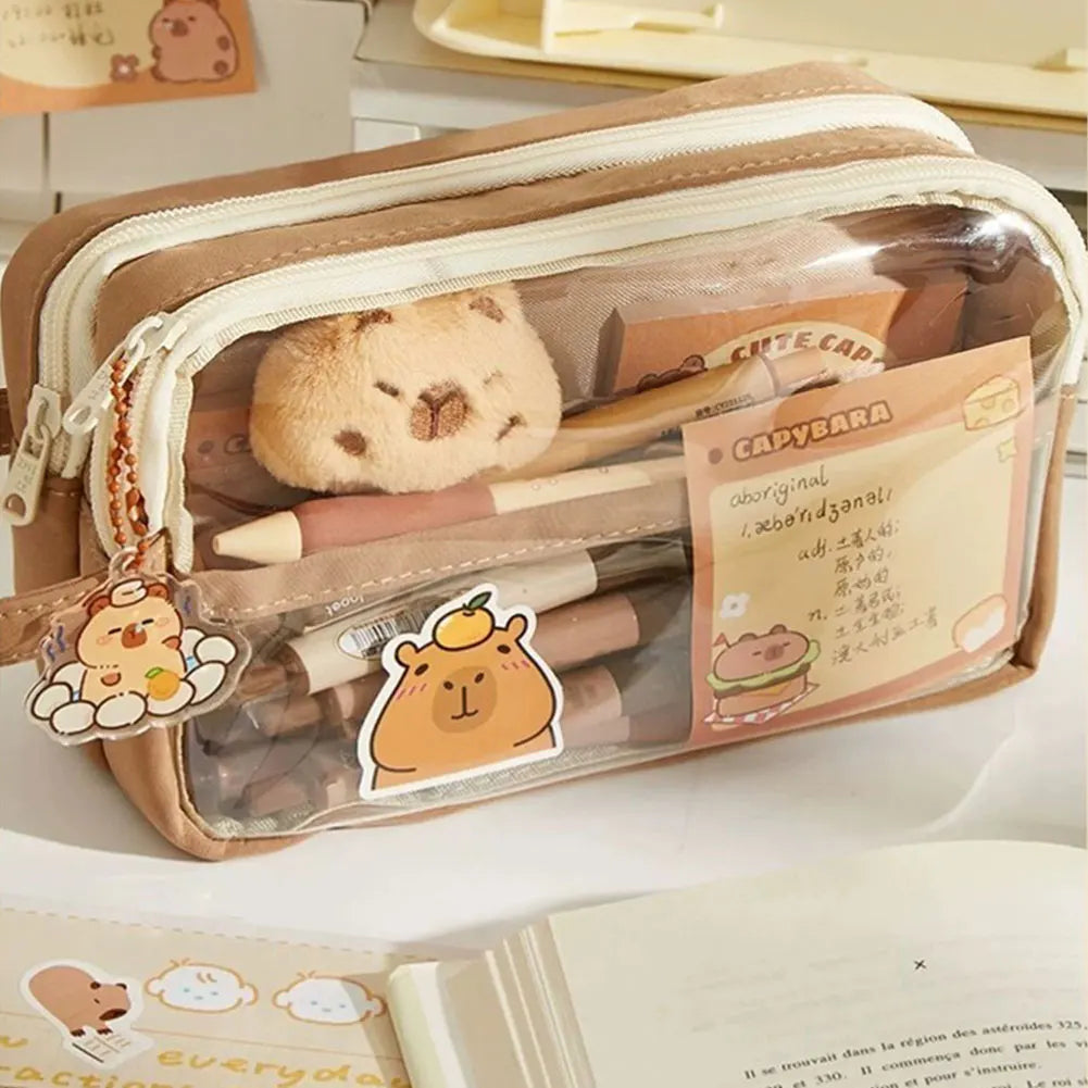 Capybara Kawaii Pencil Case with Compartments Pencil Pouch with Sticker Pendant Stationary Bag for Office School