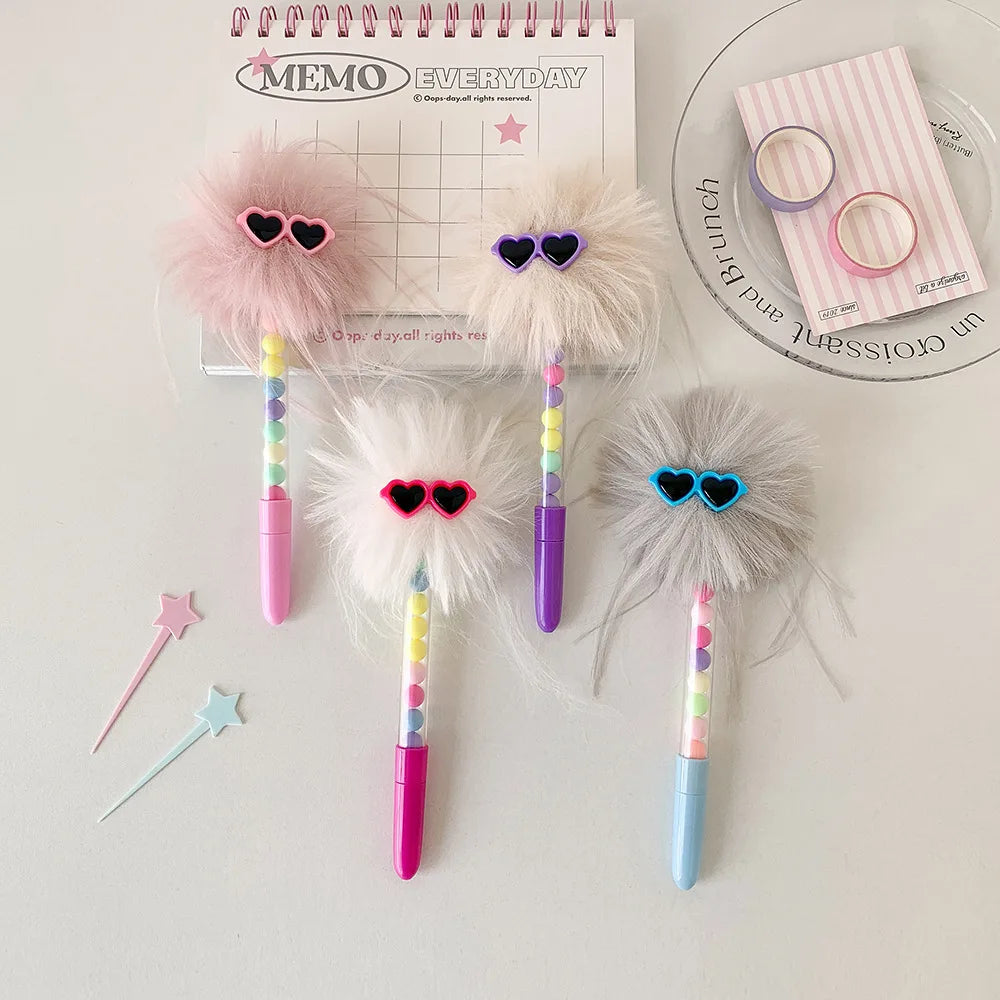 Cartoon Funny Googly Eyes Glasses Pom Pom Ball Pen Creative Writing Ballpoint Pen for School Girls Journal Stationery Kids Gift