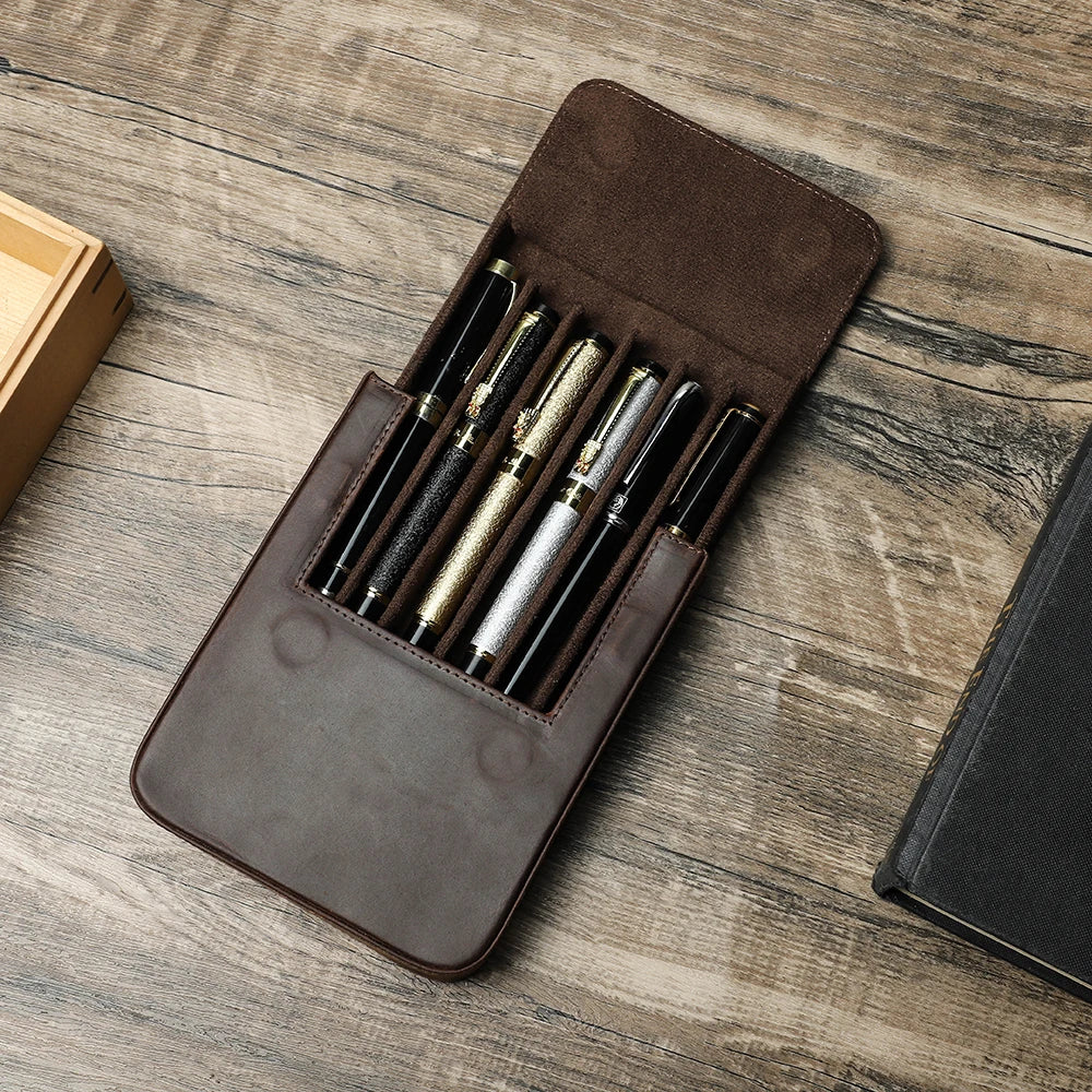 CONTACT'S FAMILY Handmade Fountain Pen Case Genuine Leather Holder Pencil Pouch Retro Pen Box Organizer School Office Men Women