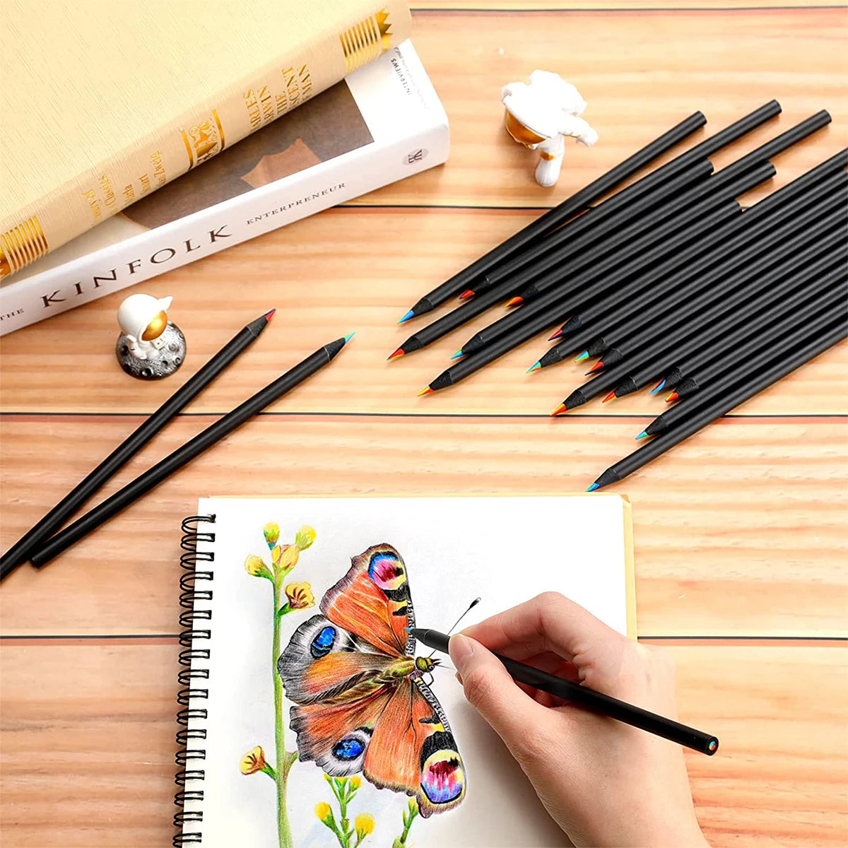 10Pcs/Set Rainbow Pencil Colorful Pencils Wood Colorful Black Wood Painting Supplies Christmas Halloween Gift Black Rainbow Pen