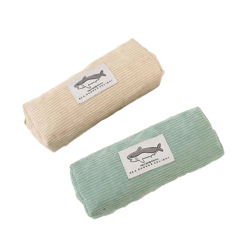 LUSQI Creative Cartoon Shark Corduroy Pencil Case Stain-Resistant Student Pencil Case Unisex Large Capacity Stationery Case