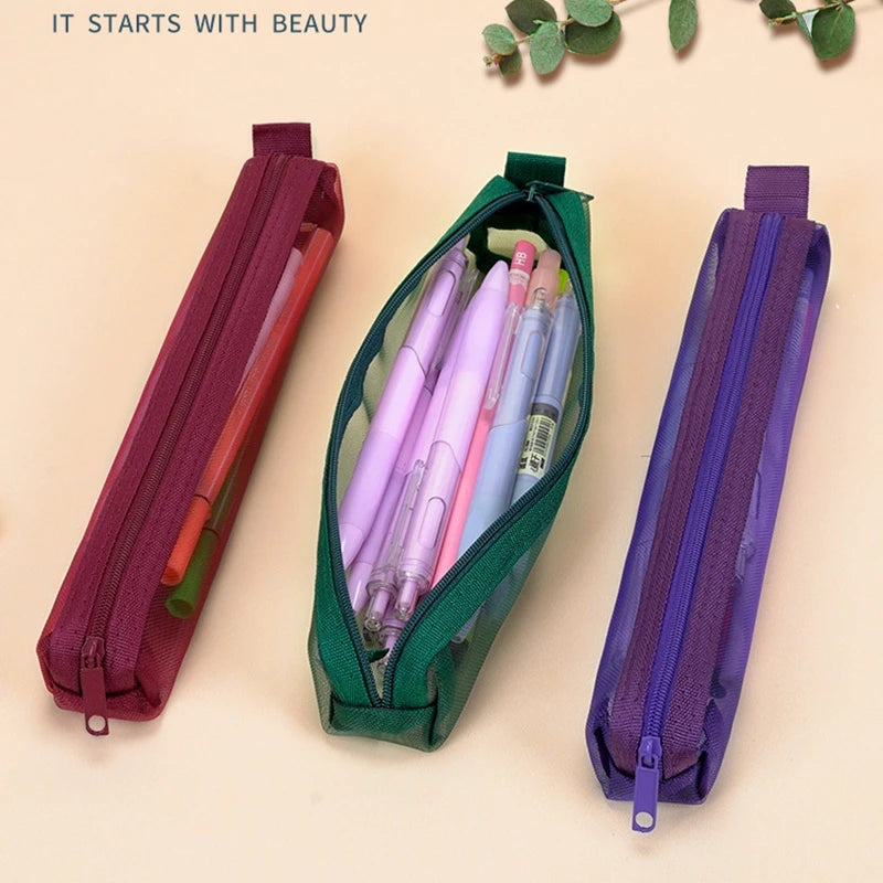 Mesh Pencil Case Portable Zipper Pouch Stationery Organizer Students Exams Pencil Case School Stationery Supplies