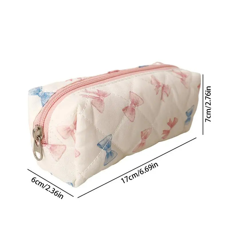 Cute Bow Floral Pen Bag Cherry Pencil Case Portable Large Capacity Student Stationery Storage Bag Girly Cosmetic Bag Gifts